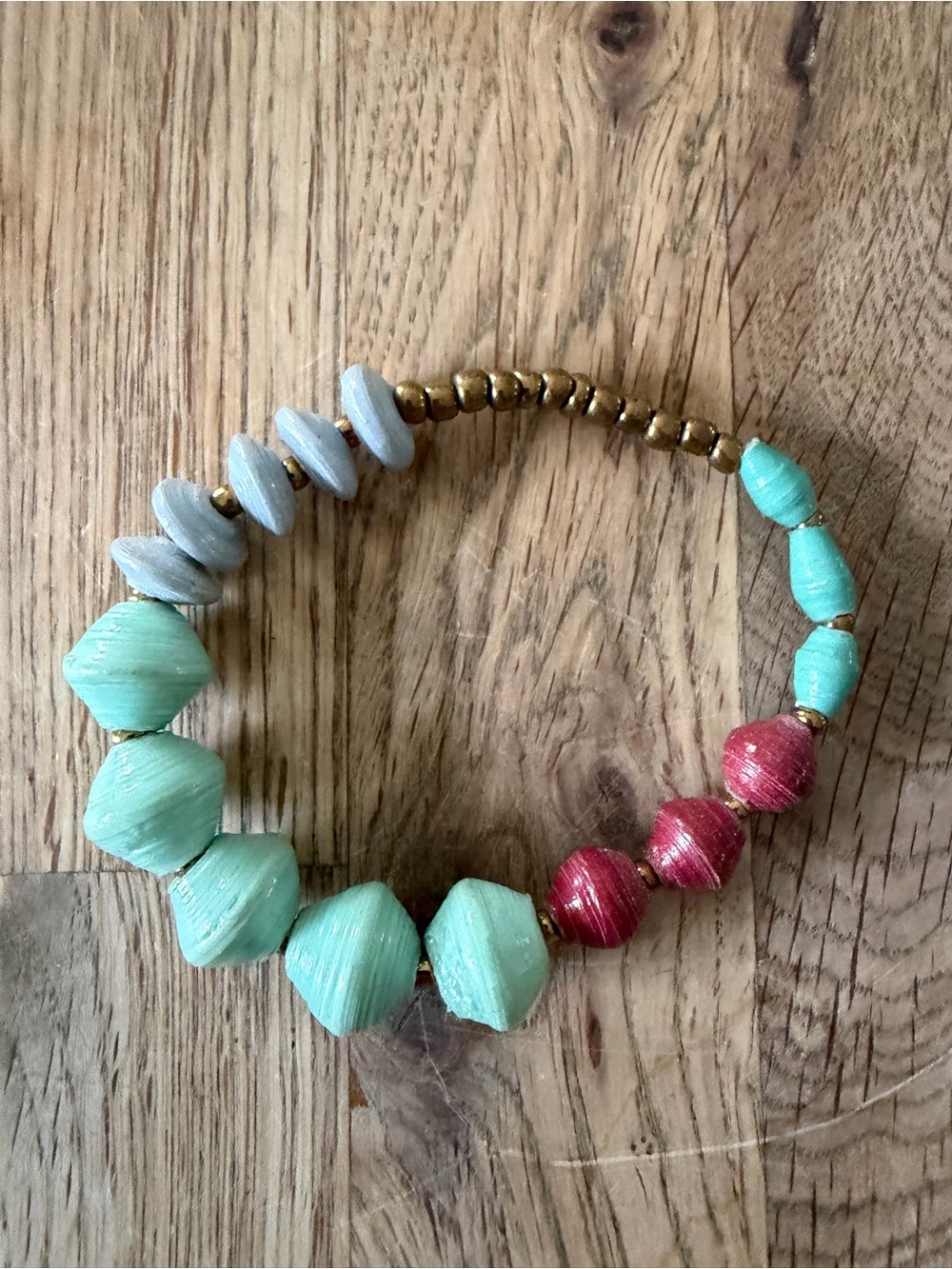 31 Bits Mint, Pink & Gold Paper Bead Stretch Bracelet